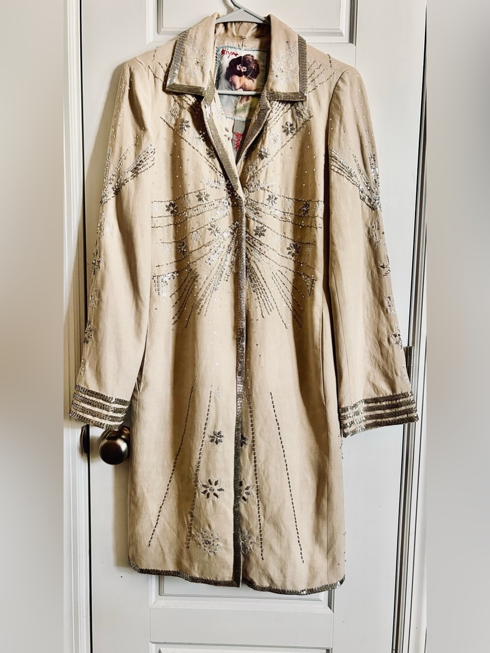 Biya by Johnny Was Sequin Metallic Embroidered Silk Linen Trench Coat S